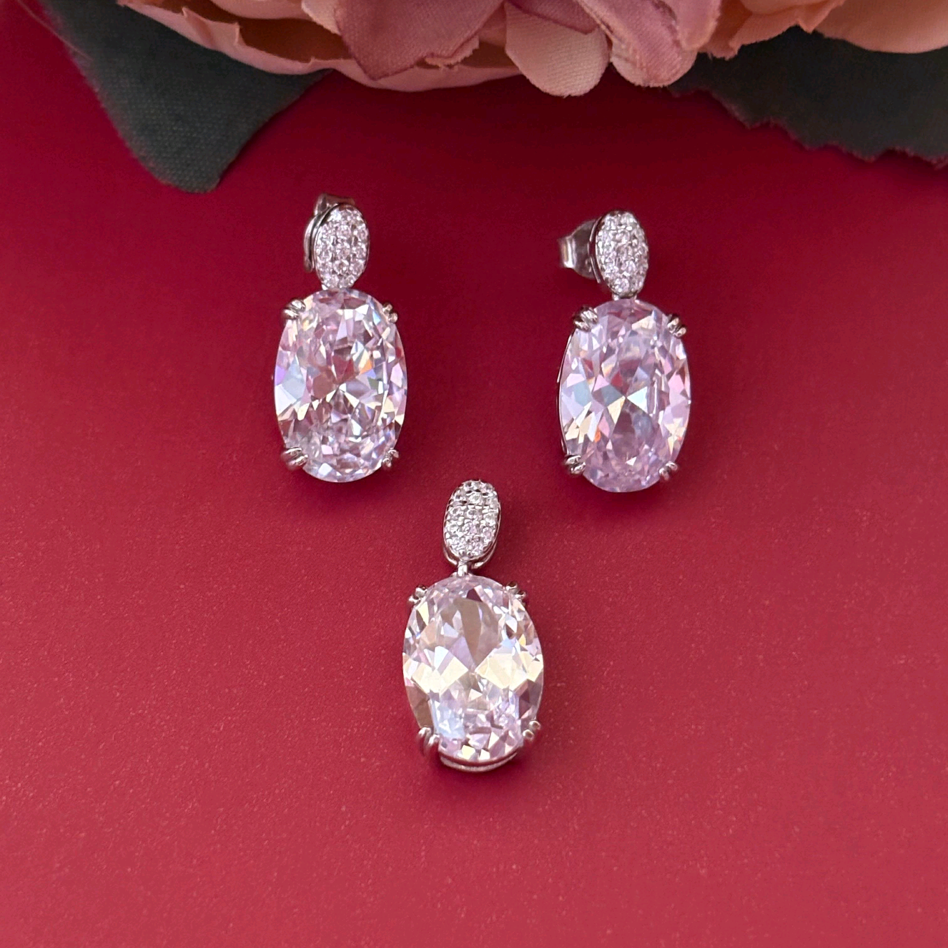 Crystal Oval Silver Pendant Set